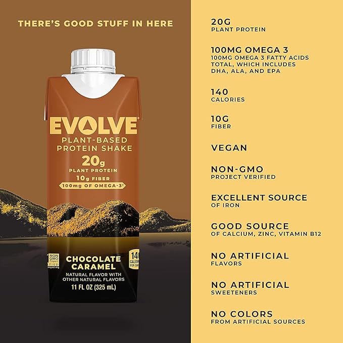 Evolve Plant Based Protein Shake, Chocolate Caramel, 20g Vegan Protein, Dairy Free, No Artificial Sweeteners, Non-GMO, 10g Fiber, 11oz, (12 Pack)