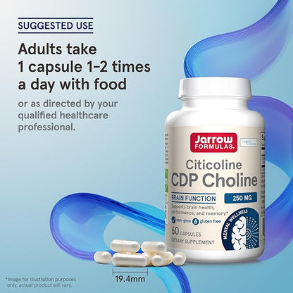 Jarrow Formulas Citicoline CDP Choline 250 MG, CDP Choline Supplement Supports Brain Health, Performance and Memory, 60 Capsules, Up to a 60 Day Supply