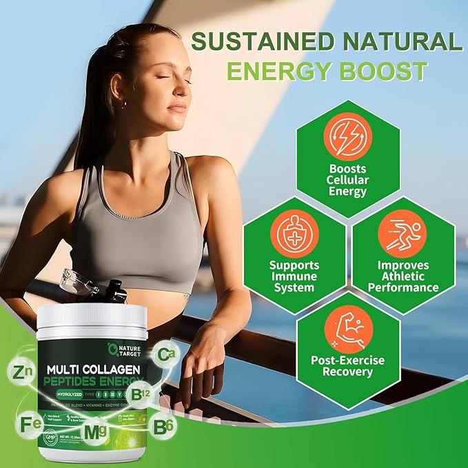 NATURE TARGET Multi-Collagen-Peptides-Powder - Hydrolyzed Collagen with Energy Blend + Multivitamin & Minerals, Supports Energy Skin Hair Nail & Joint, Non-GMO, 35 Servings