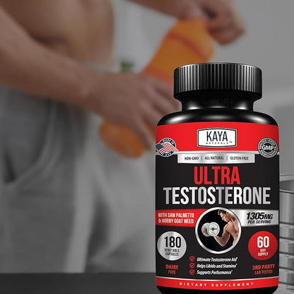 Kaya Naturals UltraTest- Men's T Booster with Tongkat Ali, Horny Goat Weed, Tribulus - Natural Workout Supplement for Energy, Stamina, and Strength Booster - 180 Count