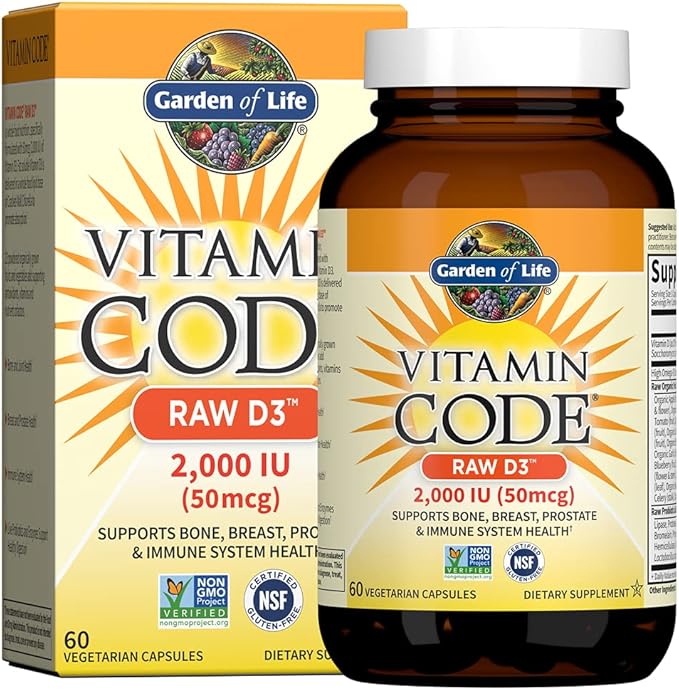 Garden of Life Vitamin D, Vitamin Code Raw D3, Vitamin D 2,000 IU, Raw Whole Food Vitamin D Supplements with Chlorella, Fruit, Veggies & Probiotics for Bone & Immune Health, 60 Vegetarian Capsules