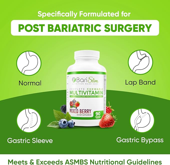 BariSlim Complete Chewable Bariatric Multivitamin Tablets - 45 mg Iron - Bariatric Vitamin & Supplement for Post Bariatric Surgery Including Gastric Bypass & Gastric Sleeve | Mixed Berry (90 Count)