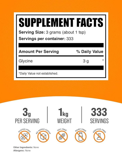 BulkSupplements.com Glycine Powder - Glycine Supplements, Glycine 3000mg - Glycine Amino Acid Supplement, Pure & Gluten Free - 3000mg per Serving, 1kg (2.2 lbs) (Pack of 1)