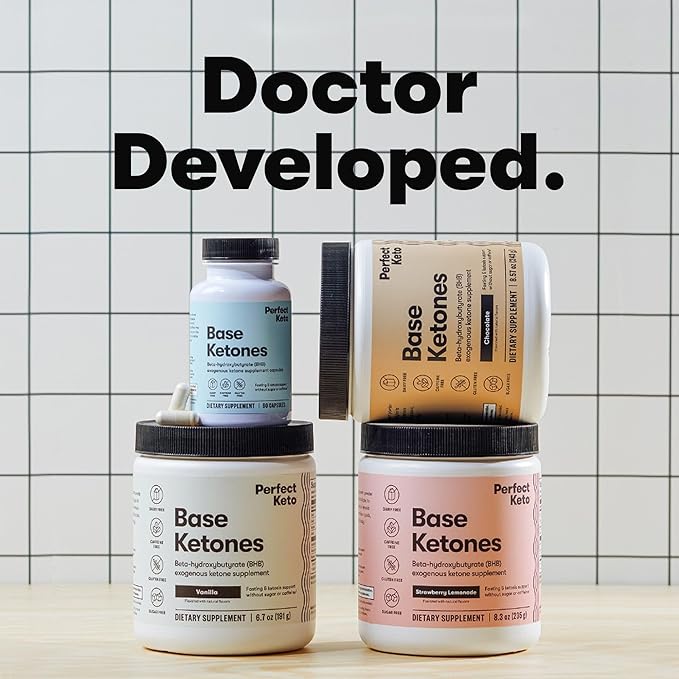 Perfect Keto Exogenous Ketones Powder, BHB Salts Supplement for Ketosis & Fasting, Electrolytes for Hydration, Caffeine Free Energy, Keto Diet, Focus & Workout Support, Strawberry Lemonade, 8.57 oz