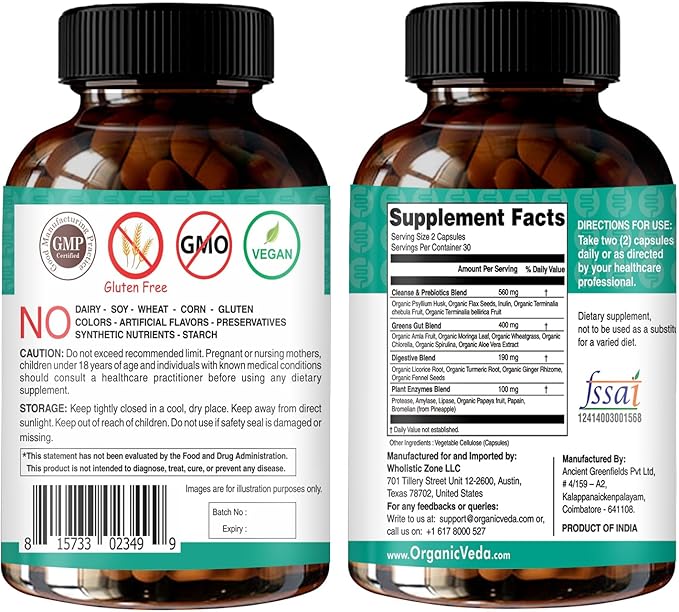 Daily All-in-1Greens Cleanse - Organic Gut Health - Colon Cleanse Capsules with Amla, Moringa, Psyllium Husk, and Prebiotics for Digestive Health - Colon Cleanser with Digestive Enzymes – 60 Capsules