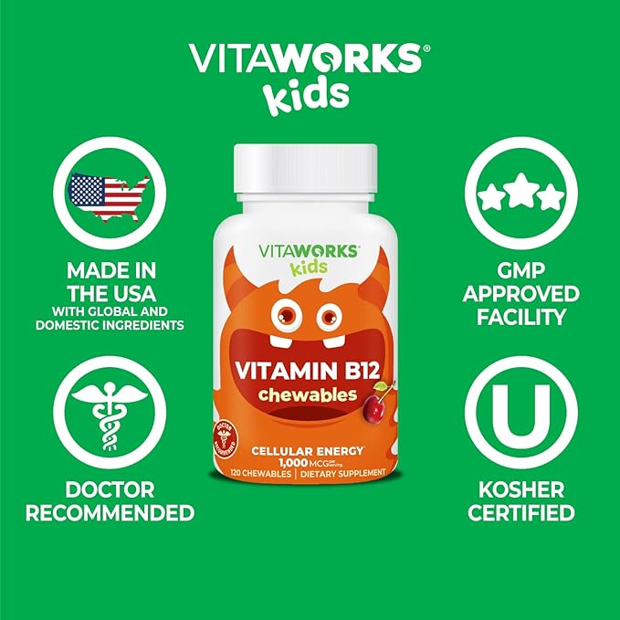 Kids Vitamin B12 1000 mcg Chewable Tablets - Tasty Natural Cherry Flavor - Vegan, GMO-Free, Gluten Free, Nut Free - Dietary Supplement - Cellular Energy Vitamins for Children - 120 Chewables