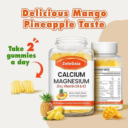 Calcium Gummies for Women Men, Calcium Magnesium Zinc with Vitamin D3 & K2, Calcium Magnesium Supplement for Bones Muscles and Joints, Pineapple & Mango Flavor - 60 Count