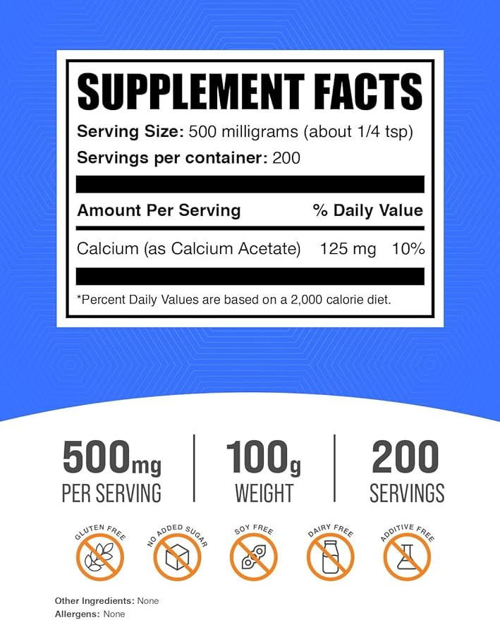 BulkSupplements.com Calcium Acetate Powder - Calcium Supplement, Calcium Acetate Supplement - Food Grade & Gluten Free, 500mg (125mg Calcium) per Serving, 100g (3.5 oz) (Pack of 1)
