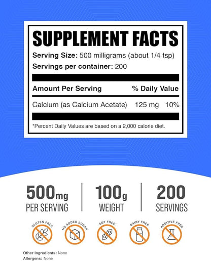 BulkSupplements.com Calcium Acetate Powder - Calcium Supplement, Calcium Acetate Supplement - Food Grade & Gluten Free, 500mg (125mg Calcium) per Serving, 100g (3.5 oz) (Pack of 1)