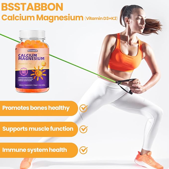 Calcium Magnesium Gummies for Adult: with Zinc Vitamin D3 K2 for Women Men Organic Sugar Free Vegan Chewable Gummy - High Absorption for Immune Strength（60count