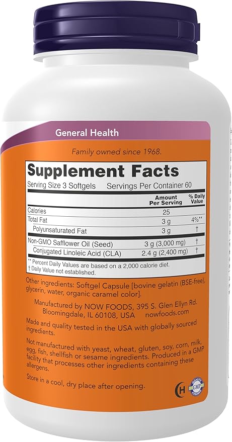 NOW Foods Supplements, CLA (Conjugated Linoleic Acid) 800 mg, Nutritional Oil, 180 Softgels