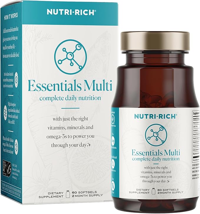 Nutri-Rich Essentials Multi | Multivitamin for Adults Softgel with Iron Nutritional Support with Lutein, Energy, K2 for Bone Health, Vitamin D3, Minerals, and Sustainable Omega-3 EPA + DHA (60 Count)