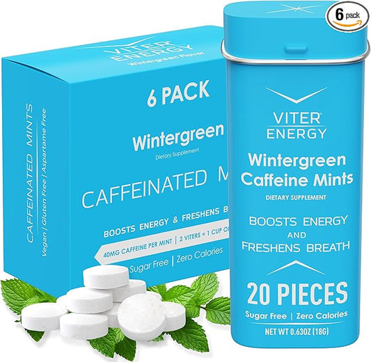 Viter Energy Caffeinated Mints 40mg Caffeine, B Vitamins, Sugar Free. (Wintergreen, 20pcs, 6 Pack)