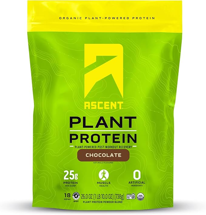 Ascent Plant Based Protein Powder - Non Dairy Vegan Protein, Zero Artificial Ingredients, Soy & Gluten Free, No Added Sugar, 4g BCAA, 2g Leucine - Chocolate, 18 Servings