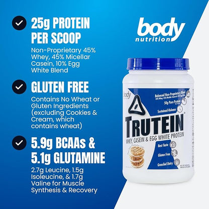 Body Nutrition Trutein High Protein Powder: 45% Whey, 45% Casein, 10% Egg White, Gluten-Free, Low Sodium, Grass Fed Whey Protein Powder, Gym Supplement & Breakfast Shake, Peanut Butter Marshmallow 2lb