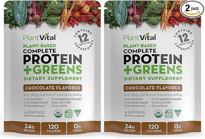 Plantvital Vegan Protein Powder Plant Based - Organic Protein Powder Chocolate - 24g/0g Sugar, 18 Superfoods, Probiotics, Raw Cocoa, Pea, Gluten-Free, Keto-Friendly, 48oz