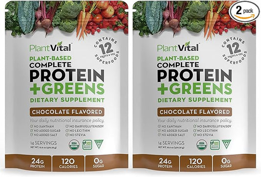 Plantvital Vegan Protein Powder Plant Based - Organic Protein Powder Chocolate - 24g/0g Sugar, 18 Superfoods, Probiotics, Raw Cocoa, Pea, Gluten-Free, Keto-Friendly, 48oz