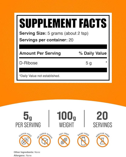 BulkSupplements.com D-Ribose Powder - D-Ribose Supplement, Ribose 5000mg, for Energy Support - Unflavored & Gluten Free, 5000mg per Serving, 100g (3.5 oz) (Pack of 1)
