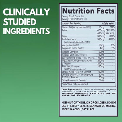 Gray Hair Rescind with Catalase - Antiaging Hair, Skin and Nails Vitamins, Pantothenic Acid, Folic Acid 400mcg, Biotin 300mcg, Saw Palmetto for Men and Women