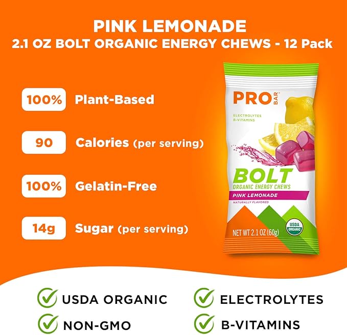 PROBAR - BOLT Organic Energy Chews, Pink Lemonade, Non-GMO, Gluten-Free, USDA Certified Organic, Healthy, Natural Energy, Fast Fuel Gummies with Vitamins B & C (12 Count)