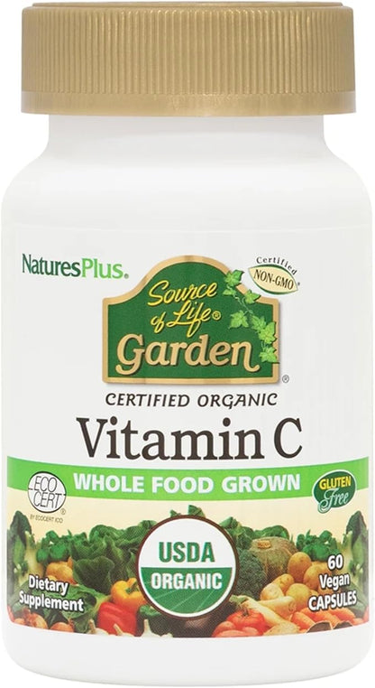 Natures Plus Source of Life Garden Certified Organic Vitamin C - 500 mg, 60 Vegan Capsules - Whole Food Immune Support Supplement, Antioxidant - Vegetarian, Gluten-Free - 30 Servings
