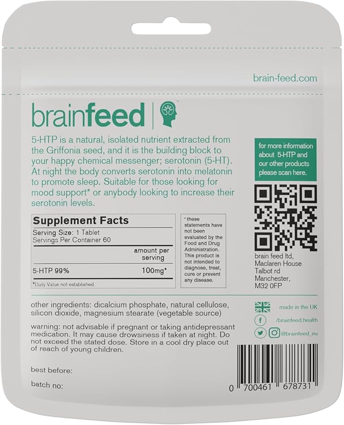 Serotonin Supplements (60) | 1-a-Day Serotonin Mood Support | 5HTP 100mg Per Tablet from Griffonia Seed Extract | Natural Serotonin Booster | 2 Month Supply