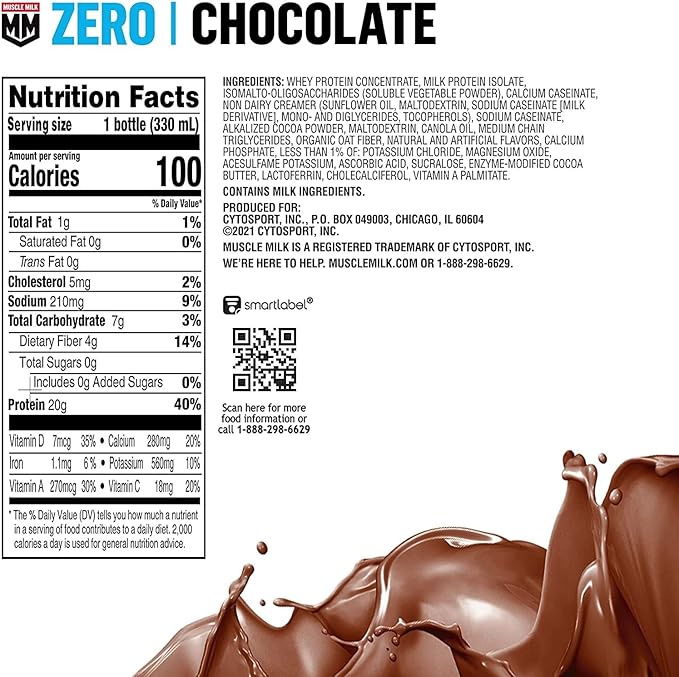 Muscle Milk Zero Protein Shake, Chocolate,20g Protein, Zero Sugar, 100 Calories, Calcium, Vitamins A, C & D, 4g Fiber, Energizing Snack, Workout Recovery, Packaging May Vary,11.16 Fl Oz (Pack of 12)