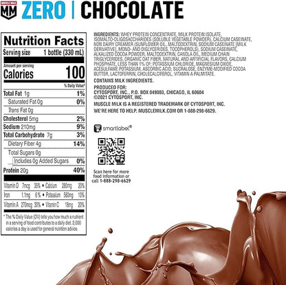 Muscle Milk Zero Protein Shake, Chocolate,20g Protein, Zero Sugar, 100 Calories, Calcium, Vitamins A, C & D, 4g Fiber, Energizing Snack, Workout Recovery, Packaging May Vary,11.16 Fl Oz (Pack of 12)