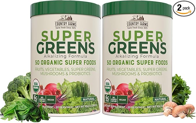 COUNTRY FARMS Super Greens Natural Flavor, 50 Organic Super Foods, USDA Organic Drink Mix, Fruits, Vegetables, Super Greens, Mushrooms & Probiotics, Supports Energy, 40 Servings, 10.6 Oz, 2 Pack
