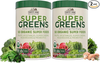 COUNTRY FARMS Super Greens Natural Flavor, 50 Organic Super Foods, USDA Organic Drink Mix, Fruits, Vegetables, Super Greens, Mushrooms & Probiotics, Supports Energy, 40 Servings, 10.6 Oz, 2 Pack