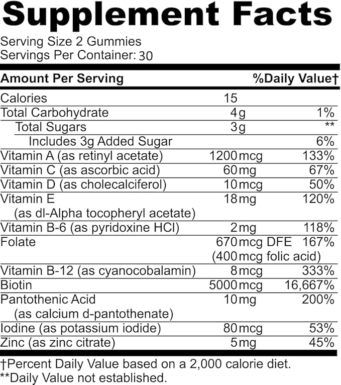 Panto Gold Vitamin B5 Pantothenic Acid Gummies for Acne - Hair Skin and Nails Gummies - Biotin, Zinc, Folic Acid Chewable Non-GMO Gluten-Free for Body - Oily Skin Gummies - 60 Count