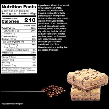 ProtiWise High Protein Wafers | Mocha | 15g Protein Per Serving, Low Carb, Low Sugar, High Fiber Snack | Gluten-Free, Keto-Friendly Diet for Hunger Control & Weight Loss | 5/Box