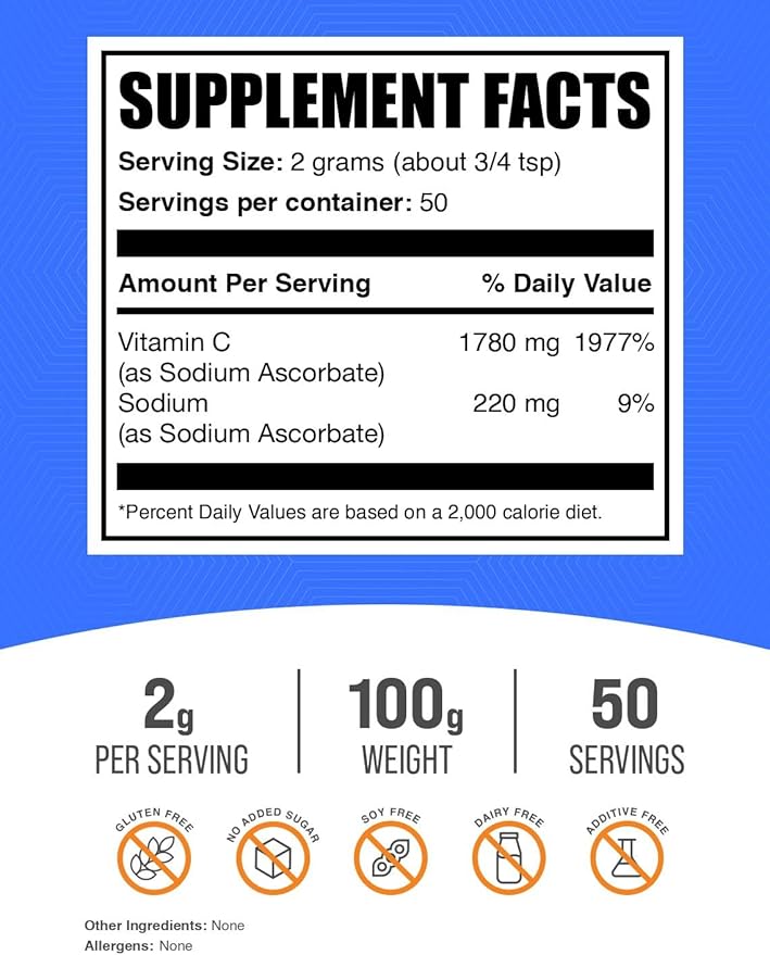 BulkSupplements.com Sodium Ascorbate Powder - for Immune Support, Sodium Ascorbate Vitamin C - Buffered Vitamin C, Gluten Free, 2000mg per Serving, 100g (3.5 oz) (Pack of 1)