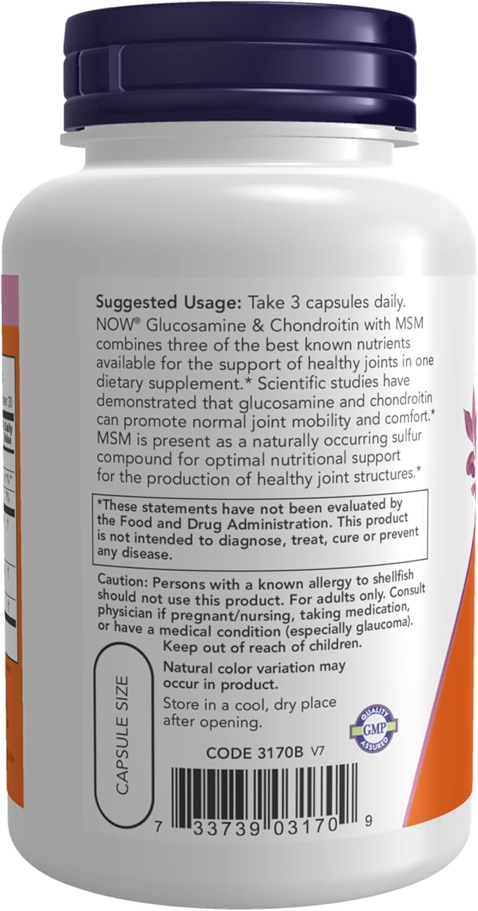 NOW Foods Supplements, Glucosamine & Chondroitin with MSM, Joint Health, Mobility and Comfort*, 90 Veg Capsules