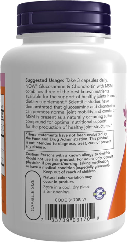 NOW Foods Supplements, Glucosamine & Chondroitin with MSM, Joint Health, Mobility and Comfort*, 90 Veg Capsules