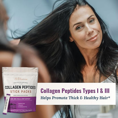 Live Conscious Collagen Peptides Powder Unflavored Packets - Hydrolyzed Collagen Powder - Hair, Skin, Nail, & Joint Support - Type I & III Grass-Fed Collagen Supplements for Women and Men - Pack of 20