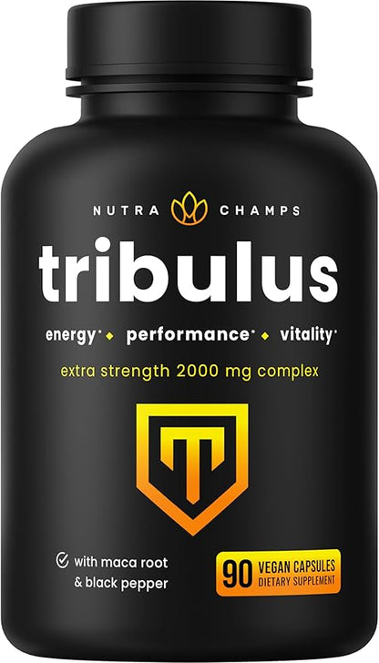 Tribulus Terrestris for Men | 2000mg Supplement Booster for Energy, Vitality, Stamina & Performance | Extra Strength Saponins | Maca & Black Pepper Extract for Enhanced Absorption | 90 Vegan Capsules
