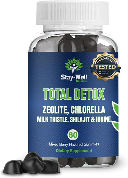 Total Detox, Heavy Metal Detox for Adults- Zeolite, Chlorella, Milk Thistle, Shilajit & Iodine, Toxin Cleanse, Heavy Metal Cleanse, 60 Mixed Berry Gummies