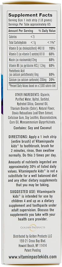 Kids Toothpaste with Daily Multivitamins B3, B5, B6, D, E, Xylitol, Calcium, Fluoride Free, Fresh Breath, Fights Tarter, Anti-Cavity, Safe to Swallow, 4.1oz, Bubble Gum Flavor, 2-Pack