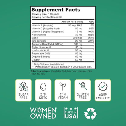 Healthy Aging Supplement for Women with Resveratrol, NAD, Collagen Booster, Biotin and More - Beauty with 12 Ingredients - USA Made, Vegan, 60 Capsules, Nutitionist formulated.
