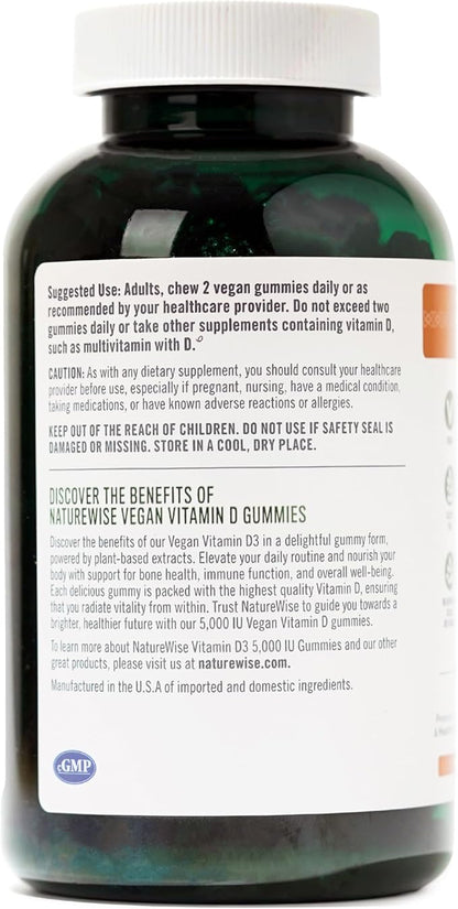 NatureWise Vitamin D3 5000 IU Gummies - Mixed Berry Flavor - Vegan D from Lichen, Pectin Based, Immune Support for Adults, Muscle & Bone Strength - Gluten Free, Non-GMO - 180 Count[3-Month Supply]