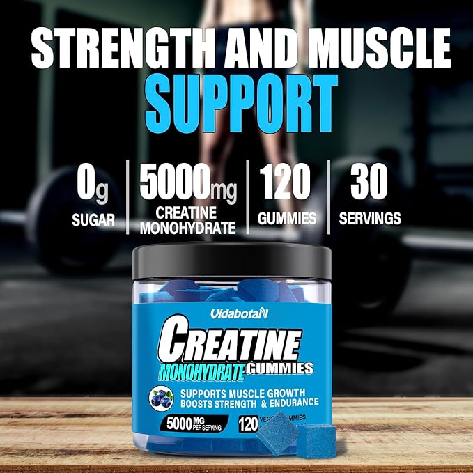 Creatine Monohydrate Gummies for Men & Women-5g of Creatine Monohydrate per Serving- Increase Strength and Build Muscle,Sugar Free,Vegan,Blueberry Flavor, 120 Count,B571
