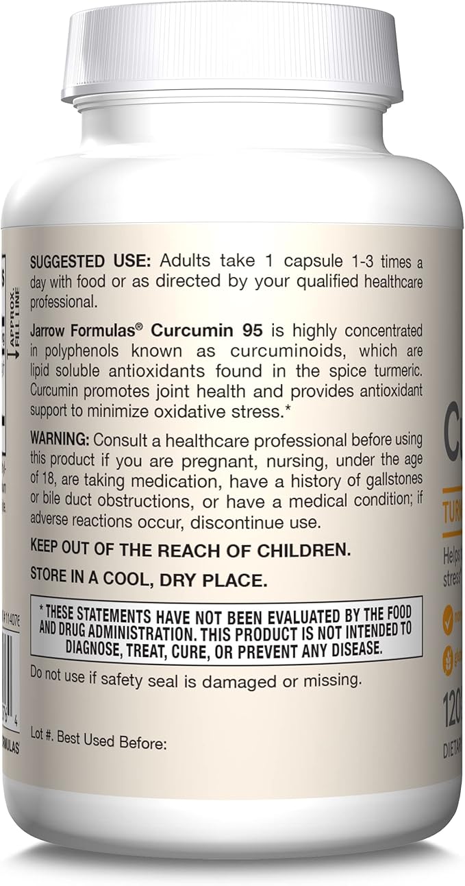 Jarrow Formulas Curcumin 95 500 mg, Turmeric Curcumin Extract for Antioxidant Support, Bone and Joint Support Dietary Supplement, 120 Veggie Capsules, Up to 120 Servings