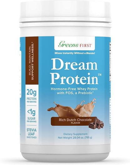 Greens First Dream Whey Protein Powder, Rich Dutch Chocolate, 30 Servings – 20 g Protein – Low Carb Powder – Hormone-Free, Non-GMO, No Artificial Sweeteners/MSG/Aspartame, 28.04 oz