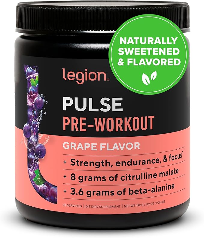 LEGION- All Natural Nitric Oxide Preworkout Drink to Boost Energy, Creatine Free, Naturally Sweetened, Beta Alanine, Citrulline, Alpha GPC (Grape)