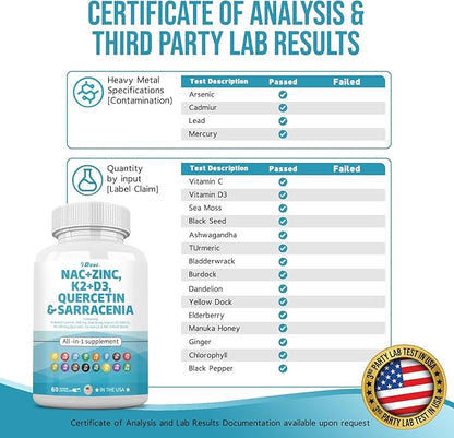 NAC Supplement N-Acetyl Cysteine 1000mg Vitamin D3 K2 Zinc Quercetin 1000mg Sarracenia Purpurea 1000mg with Elderberry Holy Basil Bee Propolis Bromelain L-Lysine for Men and Women,60 Count