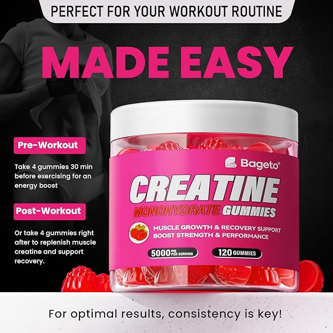 Creatine Monohydrate Gummies 5000mg for Men & Women, Gomitas de Creatina 5g Creatine Monohydrate, 0g Sugar Chewables Creatine Pre-Work Out for Muscle Strength, Vegan,120 Count (120 Count, Strawberry)