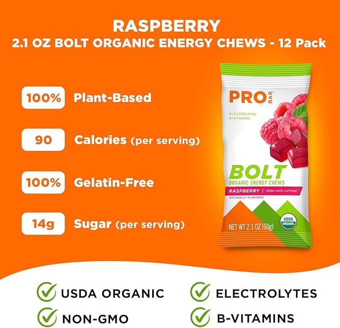 PROBAR - BOLT Organic Energy Chews, Raspberry, Non-GMO, Gluten-Free, USDA Certified Organic, Healthy, Natural Energy, Fast Fuel Gummies with Vitamins B & C (12 Count)