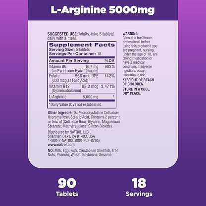 Natrol L-Arginine 5,000 mg, Dietary Supplement for Men's Health, L-Arginine Supplement, 90 Tablets, 18 Day Supply