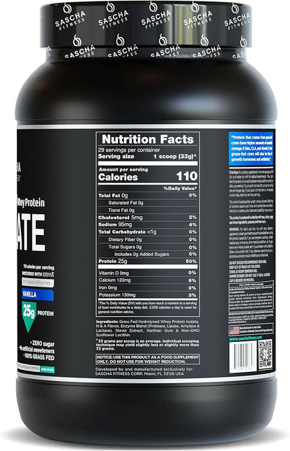 SASCHA FITNESS Hydrolyzed Whey Protein Isolate,100% Grass-Fed (2 Pounds, Vanilla)